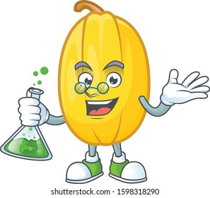 Smart spaghetti squash cartoon character holding glass tube