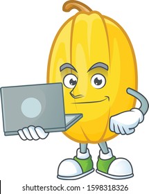 Smart spaghetti squash cartoon character working with laptop