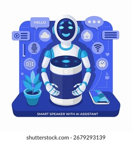 Alto-falante inteligente com assistente de voz virtual AI. Conceito de casa inteligente moderna, IoT, controle de voz e tecnologia de inteligência artificial para a interação digital contínua. Ilustração vetorial.