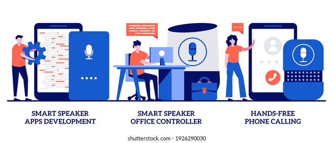 Smart speaker apps development, office controller, hands-free phone calling concept with tiny people. Voice assistant vector illustration set. Internet of things, voice command software metaphor.