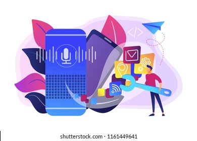 Smart speaker with apps icons and developer with wrench. Smart assistant applications, voice application platform, voice assistant development concept, violet palette. Vector isolated illustration.