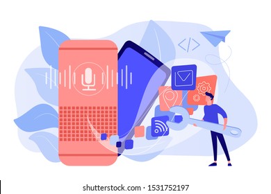 Smart speaker with apps icons and developer with wrench. Smart assistant applications, voice application platform, voice assistant development concept. Vector isolated illustration.