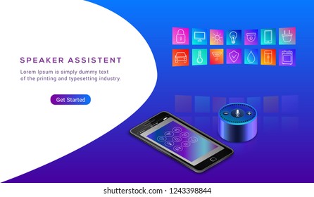 Smart speaker assistant for smart home control. Intelligent voice activated assistant. Mobile phone for house control. Icons of home elements on colorful gradient. Landing page Vector illustration