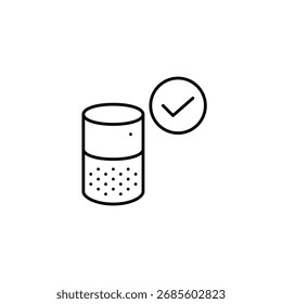 Smart speaker and checkmark. Verified device, home and voice assistant. Pixel perfect, editable stroke vector icon