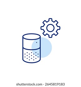 Smart speaker and cogwheel. Device settings, voice assistant configuration, smart audio control, home automation setup, personalized command preferences. Pixel perfect, editable stroke vector icon
