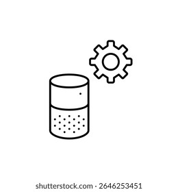 Smart speaker and cogwheel. Device settings, voice assistant configuration, smart audio control, home automation setup, personalized command preferences. Pixel perfect, editable stroke vector icon