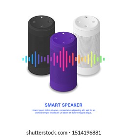 Smart speaker with colorful sound wave. Set of color loudspeakers. Isometric vector illustration on white background.