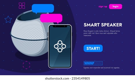 El concepto de altavoz inteligente. Futuro dispositivo de control de voz para el hogar y la oficina, AI conectó altavoz con aplicaciones de música y teléfono. Ilustración vectorial del altavoz de control auxiliar
