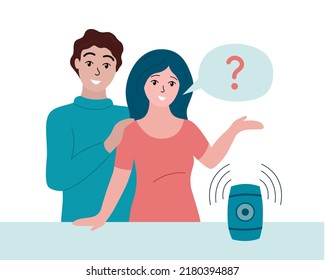 Smart Speaker Device At Home. Family Couple Talking With Voice Assistant. Woman Asking Question To Smart Speaker Gadget. People And Device. Flat Vector Illustration.