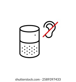 Smart speaker and ear crossed out. Privacy mode, no eavesdropping. Voice commands disabled, hearing-impaired accessibility mode. Pixel perfect, editable stroke vector icon