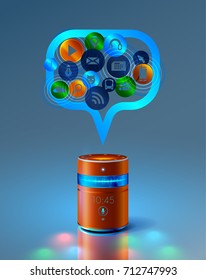 El altavoz inteligente proporciona acceso a Internet mediante el control de voz.Bubble, encima de una columna inteligente con los iconos del equipo en los servicios de Internet.