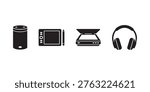 Smart Speaker, Graphics Tablet, Scanner and Headphones Icons Set. flatbed scanner, headphones icon, over ear headphones, audio headphones, tech icons