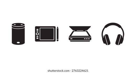 Smart Speaker, Graphics Tablet, Scanner and Headphones Icons Set. flatbed scanner, headphones icon, over ear headphones, audio headphones, tech icons
