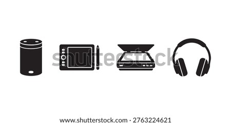 Smart Speaker, Graphics Tablet, Scanner and Headphones Icons Set. flatbed scanner, headphones icon, over ear headphones, audio headphones, tech icons