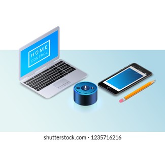 Smart speaker for smart home control. Modern laptop, a mobile phone, pencil. Intelligent voice activated assistant. Mockup (mock up) template layout background workplace with objects home control. Iot