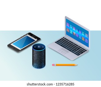 Smart speaker for smart home control. Modern laptop, a mobile phone, pencil. Intelligent voice activated assistant. Mockup (mock up) template layout background workplace with objects home control. Iot