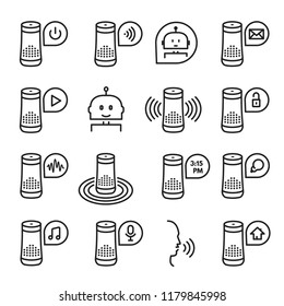 Smart speaker icon, communication thin art set. Wireless smart audio playback device, digital assistant collection. Vector line signs column illustration