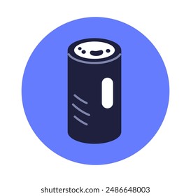 Smart speaker icon. Voice assistant gadget, electronic AI device, audio and sound appliance. Home cylinder loudspeaker in circle, round sticker. Flat vector illustration isolated on white background