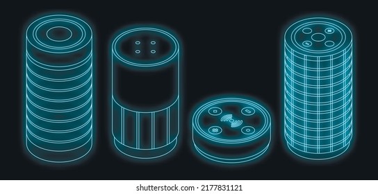 Smart Speaker Icons Set. Isometric Set Of Smart Speaker Vector Icons Neon On Black