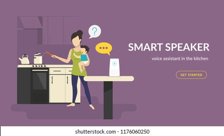 Smart speaker in the kinchen. Flat vector illustration of woman with baby cooking in the kitchen talking with white home smart speaker with integrated virtual assistant. Concept design with copy space