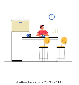 Smart Speaker In Kitchen With Woman Having Breakfast In Flat Vector Illustration Symbolizing Morning Routine, Technology, And Home Comfort, Isolated On White Background.