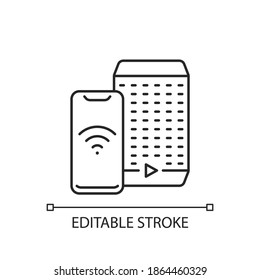Smart speaker linear icon. Smart house devices for loud party. Personal digital assistant hub. Thin line customizable illustration. Contour symbol. Vector isolated outline drawing. Editable stroke