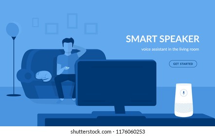 Smart speaker in the living room. Flat vector illustration of man watching tv connected to white home smart speaker with integrated virtual assistant. Blue concept design with copy space