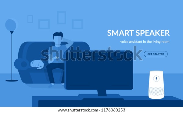 Smart speaker in the living room. Flat vector\
illustration of man watching tv connected to white home smart\
speaker with integrated virtual assistant. Blue concept design with\
copy space