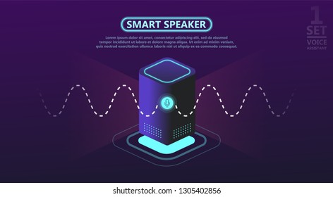 Smart speaker and Personal assistant with voice control. Voice control of your smart home. Smart speaker reports the news, plays music, answers questions. Flat vector neon website template - Vector
