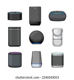 smart speaker set cartoon. technology voice, assistant device, music control, internet home, ai smart speaker vector illustration