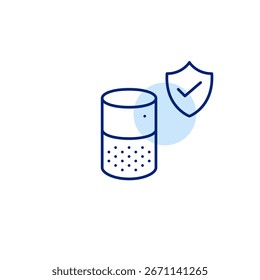 Altavoz inteligente, escudo y marca de verificación. Asistente de voz certificado. Icono de Vector de trazo perfecto y editable