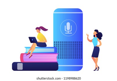 Altavoz inteligente, estudiante con portátil sentado en libros e ilustración vectorial del profesor. Inteligencia artificial, asistente digital en clase y concepto de educación. Aislado sobre fondo blanco.