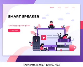 Smart speaker, student with laptop sitting on books. Artificial intelligence, virtual assistant, distance education concept. Ultraviolet landing page template with small people on the desktop.