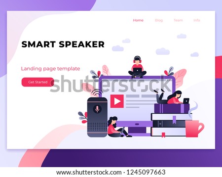 Smart speaker, student with laptop sitting on books. Artificial intelligence, virtual assistant, distance education concept. Ultraviolet landing page template with small people on the desktop.