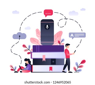 Smart speaker, student with smartphone sitting with books. Artificial intelligence, virtual assistant, distance education concept. Ultraviolet illustration with small people on the desktop.