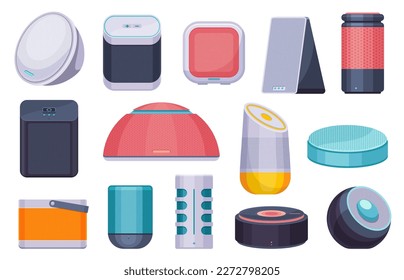 Smart speaker. Technology device with voice assistant and control interface, wireless internet technology home sound system. Vector flat set of voice device technology, speaker smart illustration