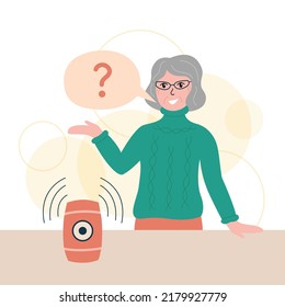 Tecnología inteligente de altavoces. Persona y dispositivo. La anciana pregunta al aparato de altavoz inteligente. Asistente de voz. Ilustración vectorial plana.