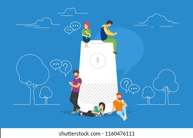 Smart speaker with virtual assistant concept vector illustration of people standing near speaker symbol using smartphone and tablet. Flat group of women and men with speech bubbles on blue background