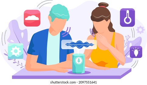 Smart speaker with virtual assistant concept, sound robot, people sitting near speaker symbol using modern digital device. Couple using voice control contactless mobile device with microphone