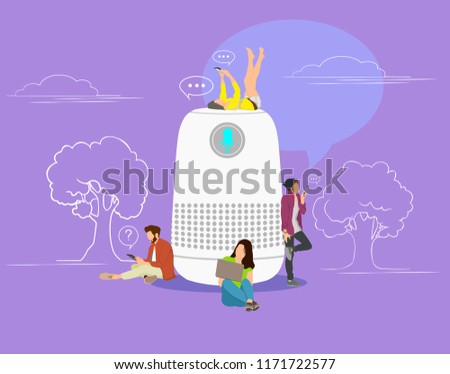 Smart speaker with virtual assistant concept vector illustration of people standing near speaker symbol using smartphone and tablet. Flat group of women and men with speech bubbles on background.