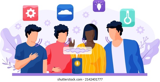 Smart speaker virtual assistant, sound robot, people using voice controlled smart speaker. Voice activate digital assistant identification control contactless mobile device microphone