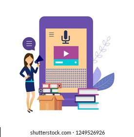 Smart speaker or voice assistant. Personal digital voice recognition and control, smart speaker, mobile application. Intelligent assistant on e-learning, multimedia. Vector illustration.