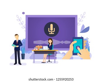 Smart speaker or voice assistant. Virtual human control voice assistant, artificial intelligence. Smart speaker, mobile and desktop application. People with smartphone, gadgets. Vector illustration.