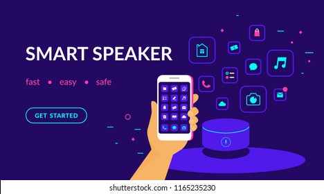 Smart speaker, voice command device connected to smartphone and useful apps. Flat vector neon website template and landing page design of human hand with smart phone mobile applications and speaker