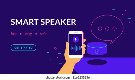 Smart Speaker, Voice Command Device With Integrated Virtual Assistant. Flat Vector Neon Website Template And Landing Page Design Of Human Hand Holds Smartphone Connected To Speaker With Speech Bubble