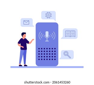 Smart Speaker, Voice Command Device Application, Wireless Virtual Assistant Technology. Voice Control Man. Vector Illustration