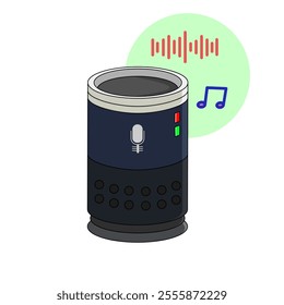 Smart speaker with voice command and music Icon,the smart speaker is depicted with a microphone symbol, indicating voice recognition capabilities, and has two indicator lights, one red and one green.