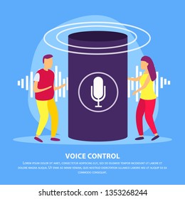 Smart speaker with voice control flat background with young couple demonstrating device for their smart home vector illustration