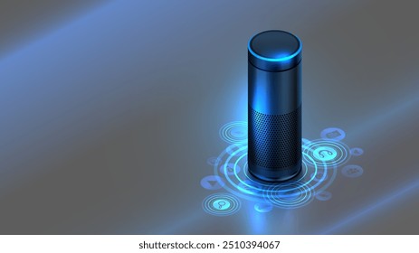 Alto-falante inteligente para controle de voz casa inteligente. AI alto-falante hub internet das coisas ou IOT do sistema doméstico inteligente. Alto-falante inteligente na mesa de óculos com ícones dispositivos conectados. Conceito IOT de controle de voz.