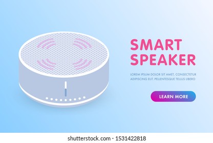 Smart speaker, voice control IOT devices, virtual assistant for screenless smart home. Plays music, reports the news or find answers. Website template, landing page, slider or banner.